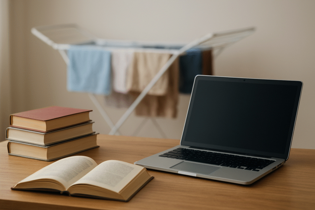 Im Vordergrund Laptop und Bücher auf einem Tisch. Im Hintergrund Wäscheständer